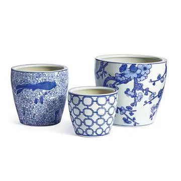 Blue and White Large Ceramic Cachepot Set (Set of 3)