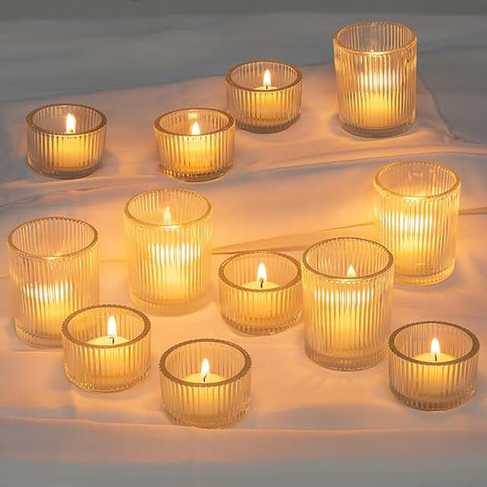Clear Ribbed Assorted Votive Candle Holders- Set of 12